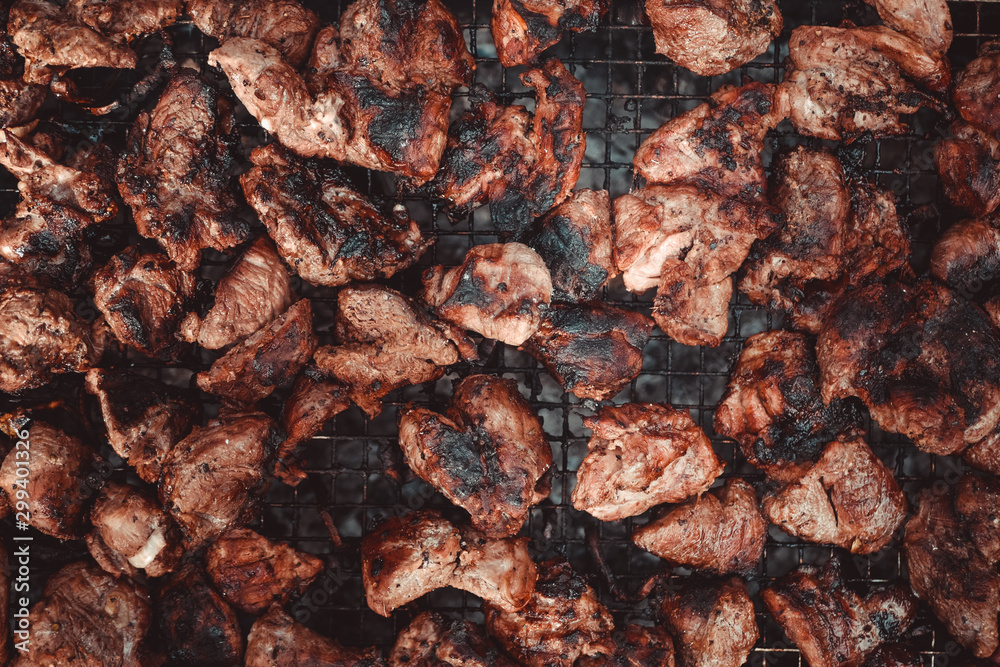 Pieces of fried meat, fried meat background, Flatlay Pieces of fried meat, fried meat background, Flatlay