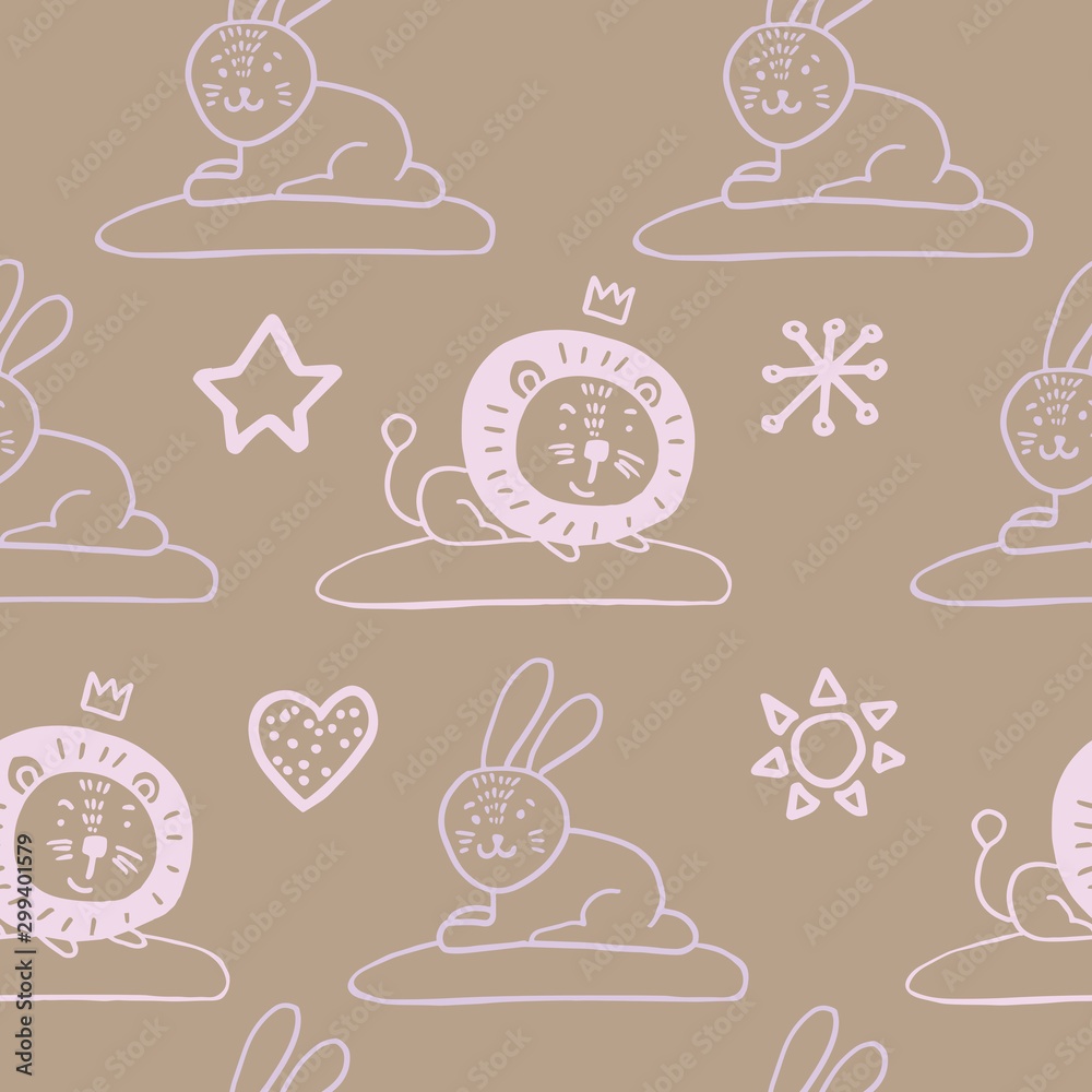 Cute animals nordic trandy pattern with heart for decoration interior, print posters, greating card, bussines banner, wrapping in modern scandinavian style in vector. Pastel color. Cute animals nordic trandy pattern with heart for decoration interior, print posters, greating card, bussines banner, wrapping in modern scandinavian style in vector. Pastel color.