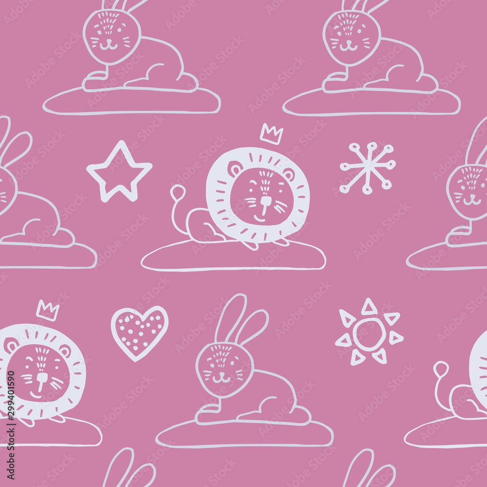 Cute animals nordic trandy pattern with heart for decoration interior, print posters, greating card, bussines banner, wrapping in modern scandinavian style in vector. Pastel color. Cute animals nordic trandy pattern with heart for decoration interior, print posters, greating card, bussines banner, wrapping in modern scandinavian style in vector. Pastel color.