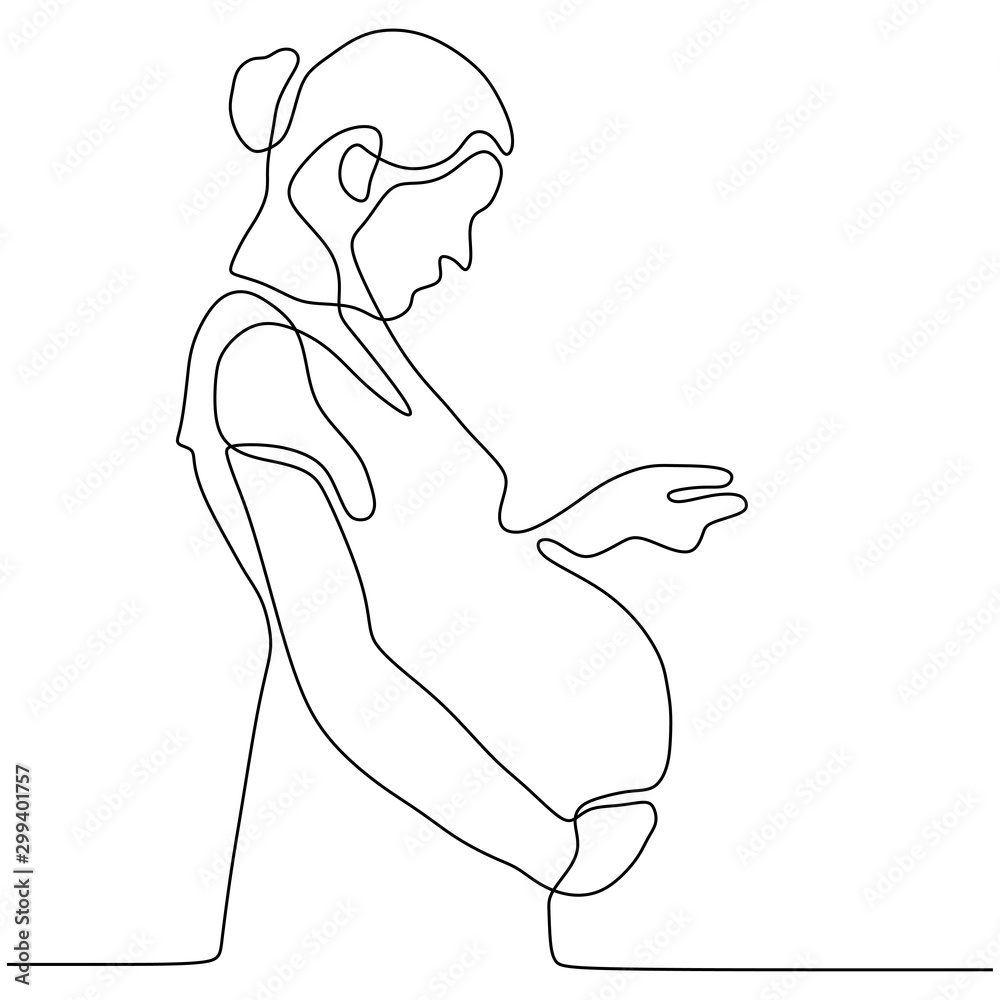 Plakat Continuous line drawing of Happy pregnant woman, silhouette picture of mother.