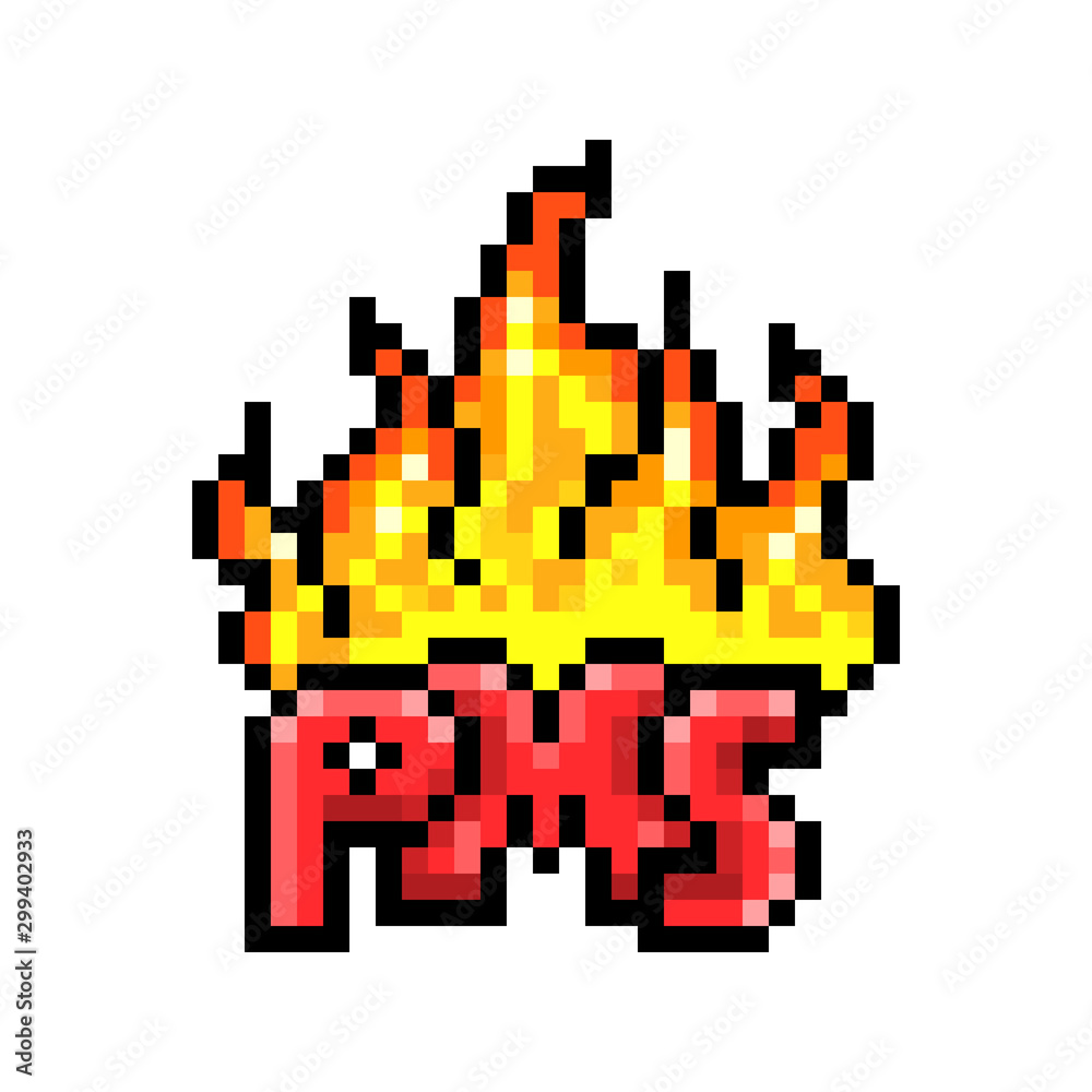 Burning PMS (Premenstrual syndrome) text on fire, 8 bit pixel art icon isolated on white background. Negative pre-period symptoms sign. Woman's health care print. Symbol of emotional&physical problems Burning PMS (Premenstrual syndrome) text on fire, 8 bit pixel art icon isolated on white background. Negative pre-period symptoms sign. Woman's health care print. Symbol of emotional&physical problems
