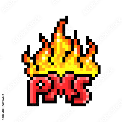 Burning PMS  Premenstrual syndrome  text on fire  8 bit pixel art icon isolated on white background. Negative pre-period symptoms sign. Woman s health care print. Symbol of emotional physical problems