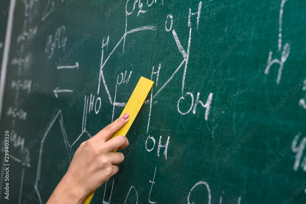 Female hand pointing at chemical formula on blackboard close up Female hand pointing at chemical formula on blackboard close up