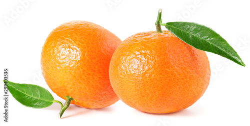 Tangerine or clementine with green leaf isolated on white