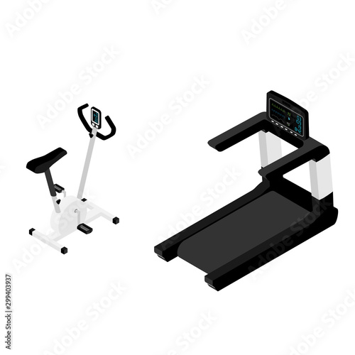 Gym bike isometric view isolated on white background. Exercise bike cardio workout at fitness gym