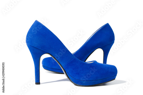 Shoes fashion woman closeup. Close-up high heels pair women shoes isolated on white background. Elegant luxury female Blue footwear on floor. Stylish suede shue. Selective focus.