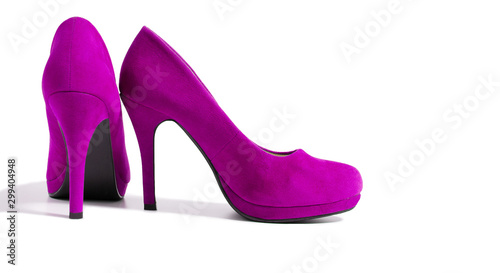 Pink Woman Fashion High Heels Shoes Isolated On White Background. Closeup women bright summer footwear. Shopping and Fashion concept. Glamour and luxury ladies accessory. Banner. Selective focus