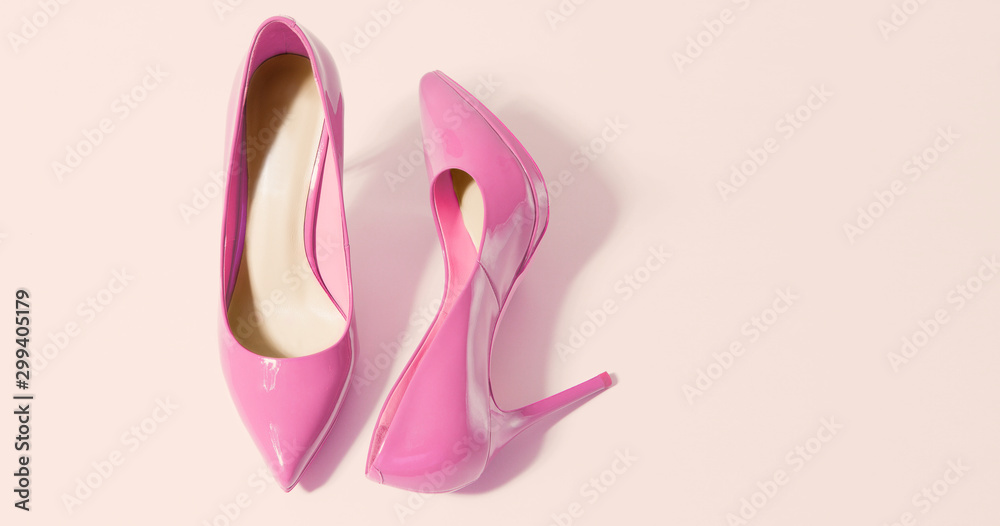 Woman Shoes Banner. High heels closeup. Top view. Women fashion. Ladies  accessories. Girly casual formal shoe isolated. pink background. Footwear  on floor. Copy space, mockup. flat lay Selective focus Photos | Adobe