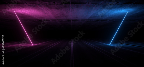 Fototapeta Naklejka Na Ścianę i Meble -  Asphalt Road Sci Fi Futuristic Neon Glowing Laser Show Tunnel Corridor Underground Garage Warehouse Triangle Shape Purple Blue 3D Rendering