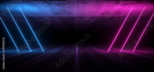Asphalt Road Sci Fi Futuristic Neon Glowing Laser Show Tunnel Corridor Underground Garage Warehouse Triangle Shape Purple Blue 3D Rendering