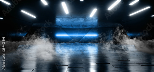 Blue Laser Smoke Fog Tunnel Warehouse Cement Concrete Floor Underground Hall Garage Sci Fi Futuristic Modern Empty Space Backrgound 3D Rendering