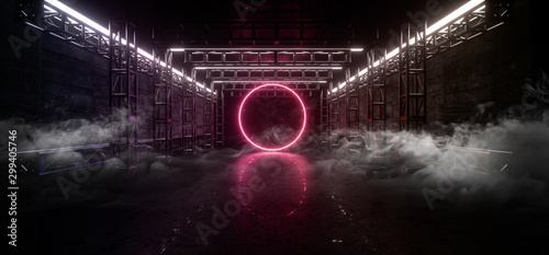 Fototapeta Naklejka Na Ścianę i Meble -  Stage Construction Tunnel Concrete Metal Corridor Sci Fi Futuristic Circle Shaped Neon Glowing Red Light Smoke Fog Steam Background 3D Rendering