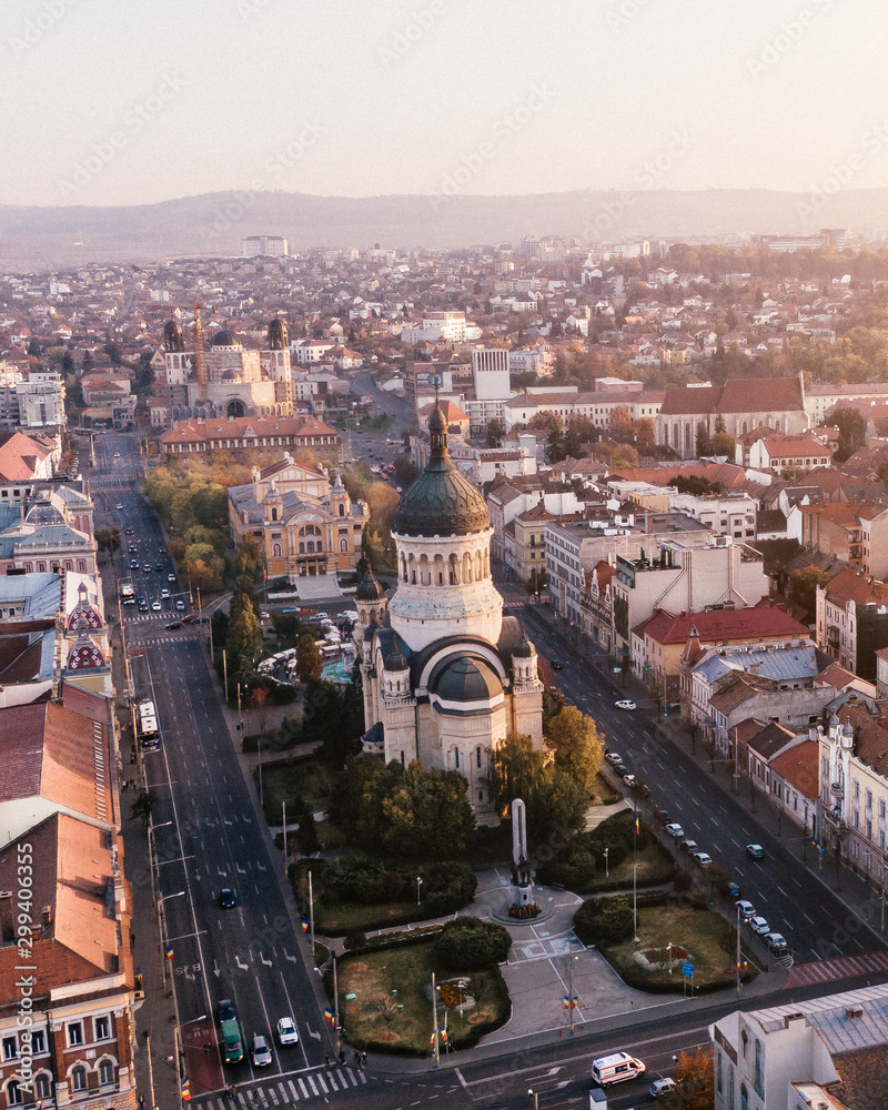 The Orthodox Metropolitan Cathedral of Cluj-Napoca in Romania while sunset
