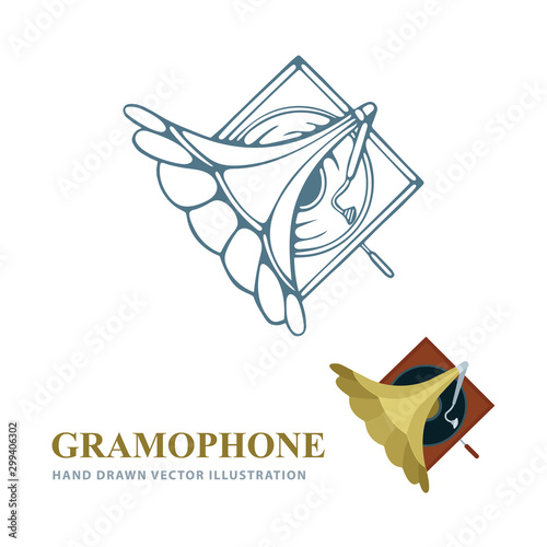 Gramophone. Gramophone hand drawn and realistic vector illustrations. Old gramophone top view sketch drawing. Retro music concept. Part of set. 