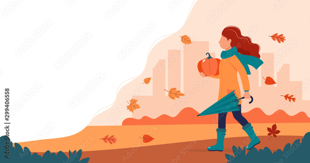 Girl with a pumpkin in autumn. Cute vector illustration in flat style.