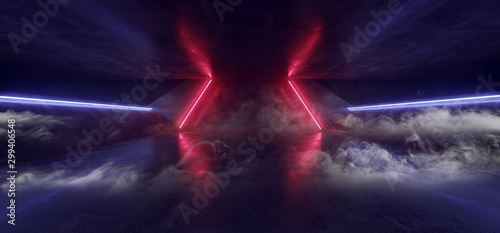 Virtual Reality Cyber Smoke Fog Steam Corridor Tunnel With Neon Laser Light Lines Glowing Red Blue On Concrete Grunge Floor Alien Sci Fi Spaceship 3D Rendering
