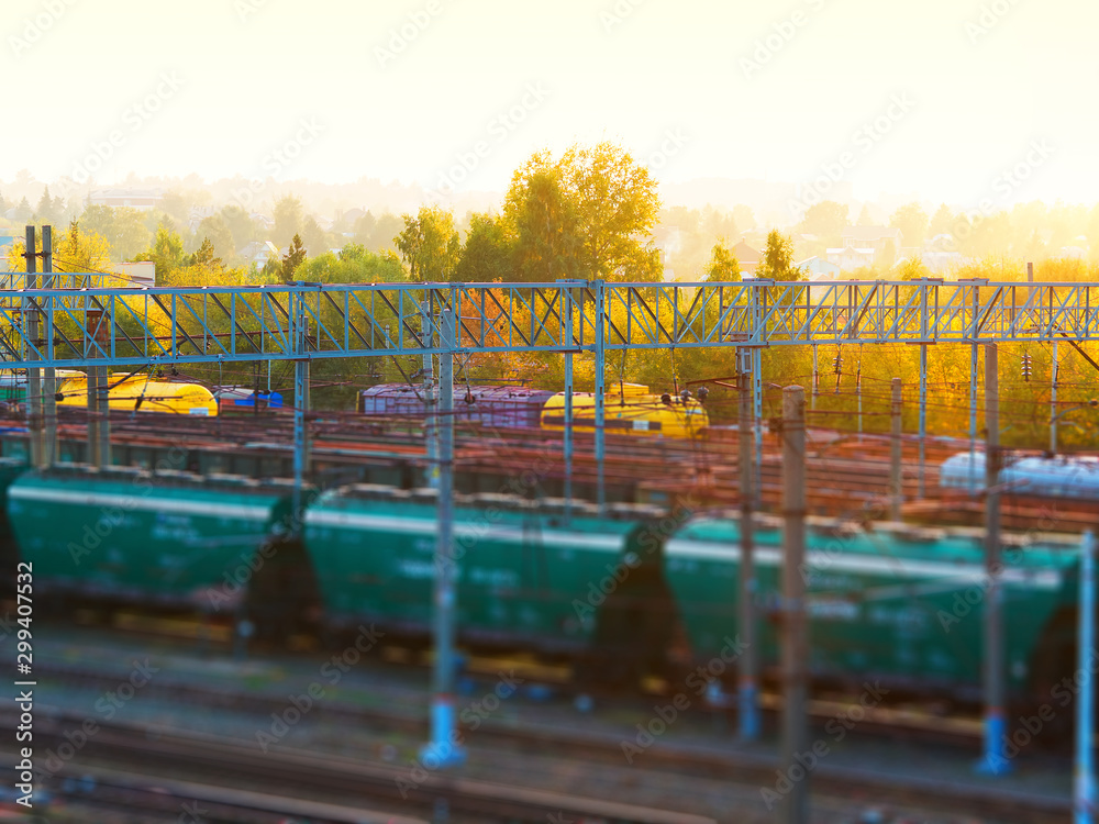 Blurred industrial carriage on railway station background