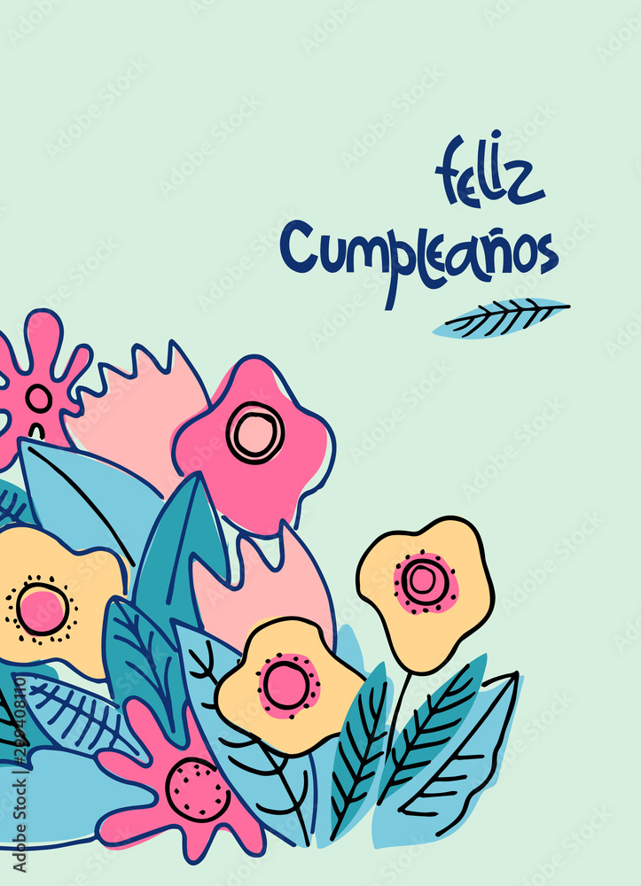 Birthday greeting card in Spanish language. Text says Happy Birthday