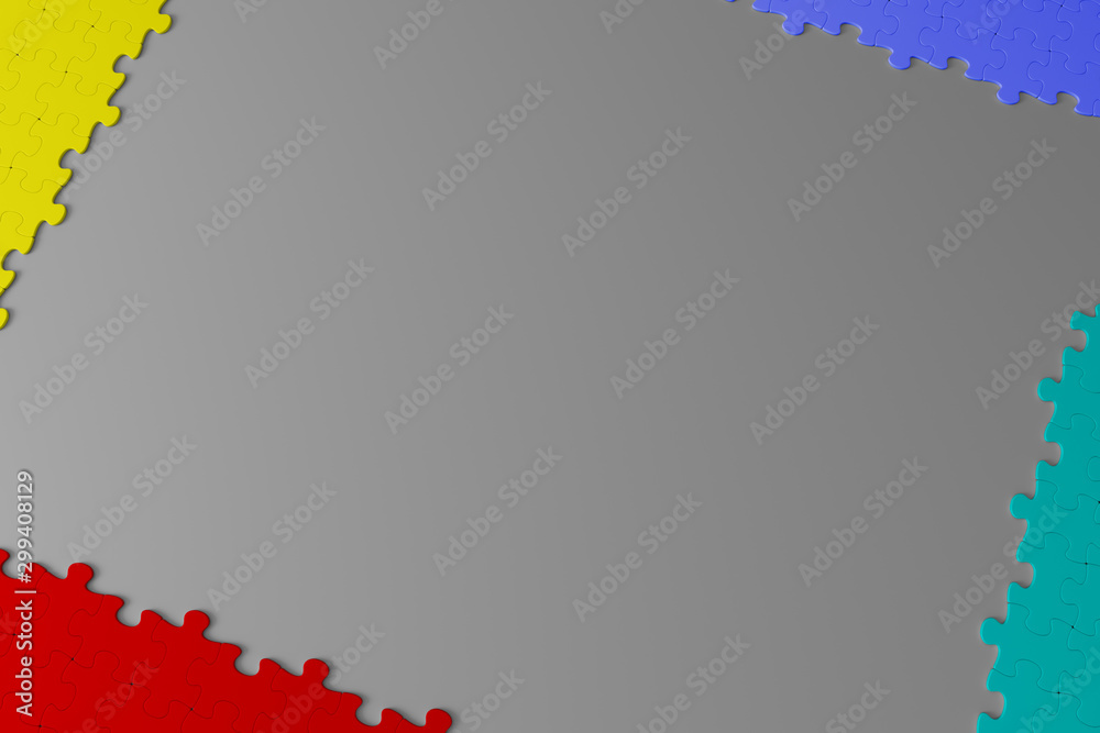 Obraz premium Different color jigsaw puzzle pieces in a frame overlay.