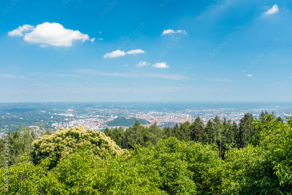 Panoramic view from Fuerstenstand on mountain Plabutsch to town Graz