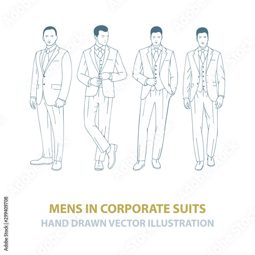 Men in suits. Men dressed in business style formal corporate suits and ties in different poses. Business men team hand drawn vector illustrations set. Employees of the company. Part of set.