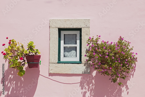Cute window with flowers on the pink wall facade.