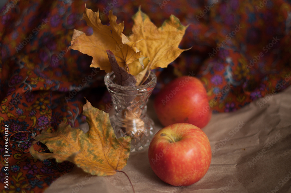 autumn still life with apples and leaves autumn still life with apples and leaves
