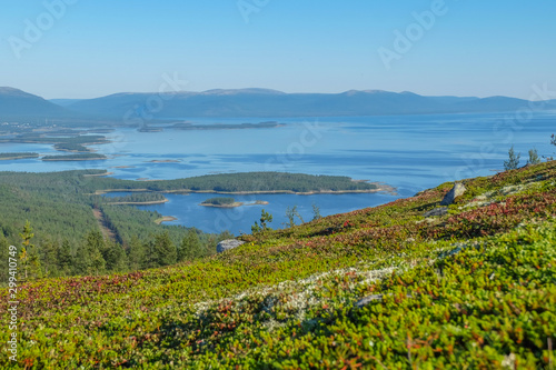 Beautiful view of the White sea from the mountain. Arctic. Murmansk region. Kandalaksha city.