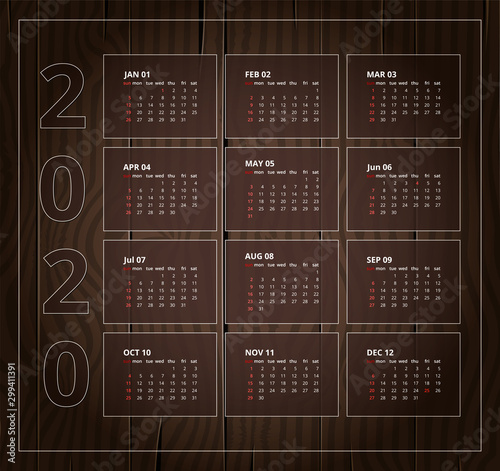 Calendar 2020 in English. Week Starts Sunday. Vector illustration