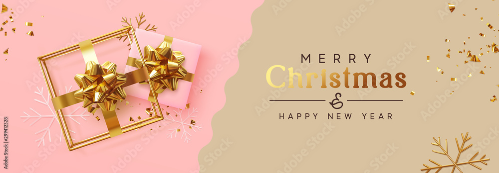 Holiday banner Merry Christmas and Happy New Year. Xmas design with realistic festive objects, realistic gift, 3d hollow gift-shaped cube, snowflake, glitter gold confetti. Festive Horizontal poster - obrazy, fototapety, plakaty 