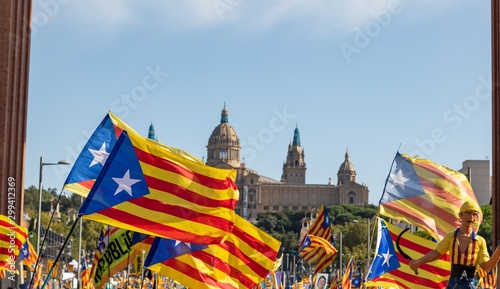 Catalan independentist flags waving in barcelona with the National Museum MNAC on background photo