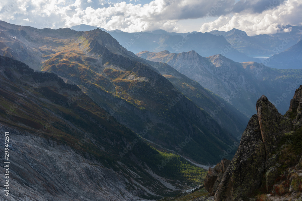 Wonderful views of the mountains in the Swiss Alps with backpackers.