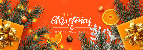 Holiday background Merry Christmas and Happy New Year. Xmas design with realistic festive objects, Pine and spruce branches, sparkling lights garland, gift box, silver snowflake, balls bauble.