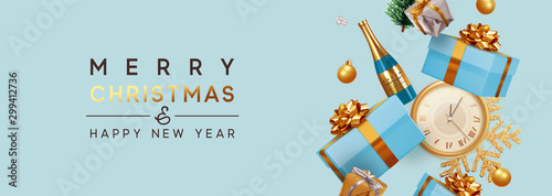 Merry Christmas and Happy New Year. Xmas Festive background with realistic objects. Holiday elements, 3d render and realism. Greeting card, web poster. Horizontal blue banner, headers website. vector