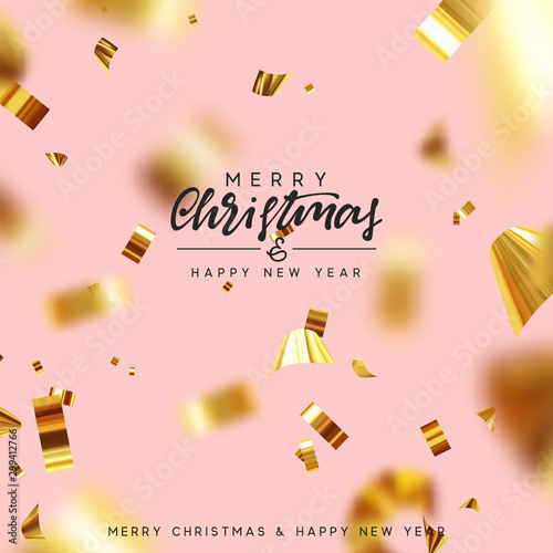 Merry Christmas and Happy New Year. Xmas background with realistic falling glitter gold confetti. Holiday greeting cards. Vector illustration