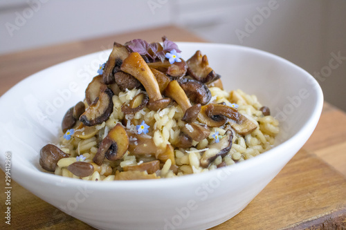 Food photography of a contemporary Italian mushroom risotto
