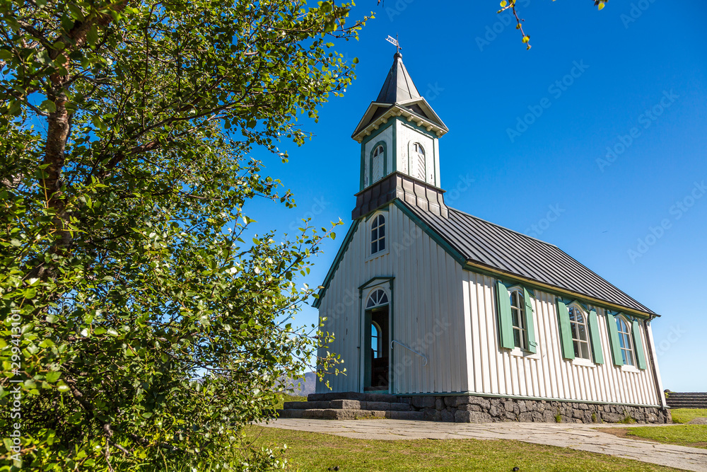 Thingvellir church in Iceland on a sunny day in summer 2017