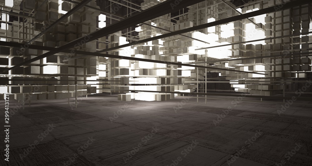 Abstract architectural concrete brown interior from an array of beige cubes with neon lighting. 3D illustration and rendering. Abstract architectural concrete brown interior from an array of beige cubes with neon lighting. 3D illustration and rendering.
