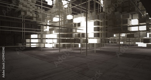 Abstract architectural concrete brown interior from an array of beige cubes with neon lighting. 3D illustration and rendering.
