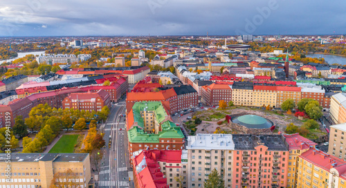 Aerial view of Helsinki. Blue sky and clouds and colorful buildings. Helsinki, Finland.