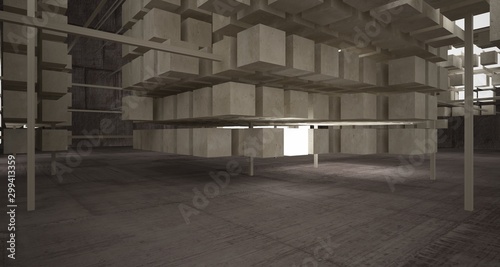 Fototapeta Naklejka Na Ścianę i Meble -  Abstract architectural concrete brown interior  from an array of beige cubes  with neon lighting. 3D illustration and rendering.