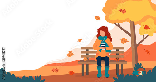 Girl with coffee sitting on bench in autumn. Cute vector illustration in flat style.