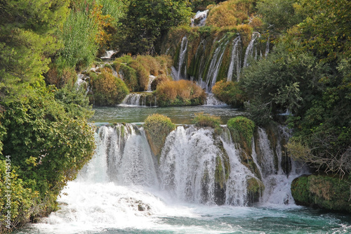 Beautiful Skradinski Buk Waterfall In Krka National Park in early autumn  famous travel destination in Dalmatia of Croatia. Europe.