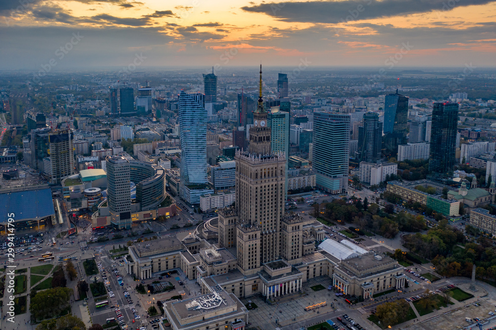 Aerial drone in Warsaw skyscrapers nad centre.