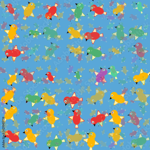 A beautiful seamless light blue background full of coloured birds flying around