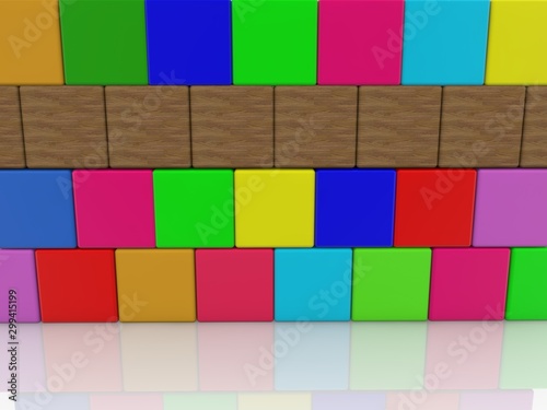 Colored toy cube wall with a row of wooden cubes in the middle