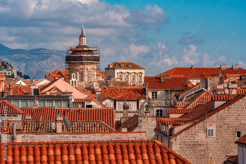 Obraz premium Red roofs and old church in old town of Dubrovnik in Croatia