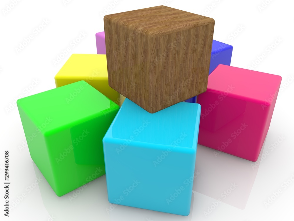 Wood toy cube between colored toy cubes Wood toy cube between colored toy cubes