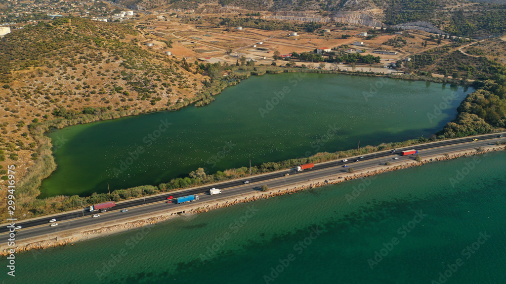 Aerial drone photo of industrial refinery of Hellenic Public Petroleum company in gulf of Aspropirgos, Attica, Greece