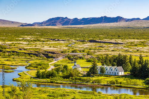 View over Thingvellir National Park with Thingvellir church in Iceland with sunny sky in summer 2017